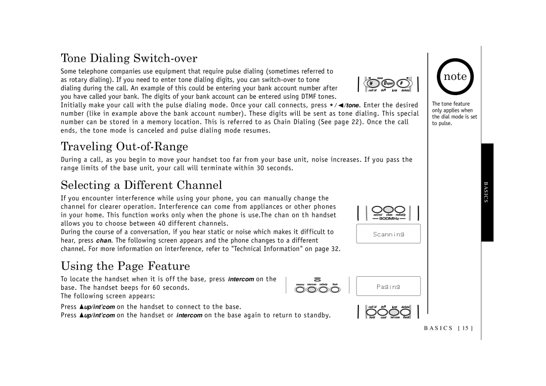 Uniden EXI2926 Tone Dialing Switch-over, Traveling Out-of-Range, Selecting a Different Channel, Using the Page Feature 