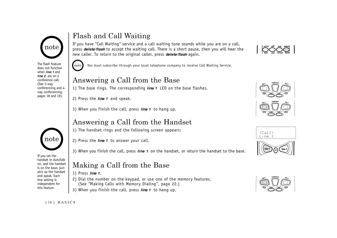 Uniden EXI2926 owner manual Flash and Call Waiting, Answering a Call from the Base, Answering a Call from the Handset 