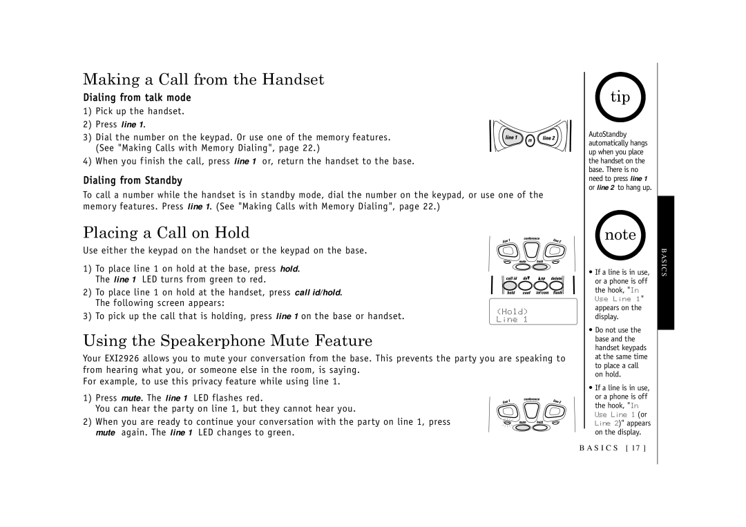 Uniden EXI2926 owner manual Making a Call from the Handset, Placing a Call on Hold, Using the Speakerphone Mute Feature 