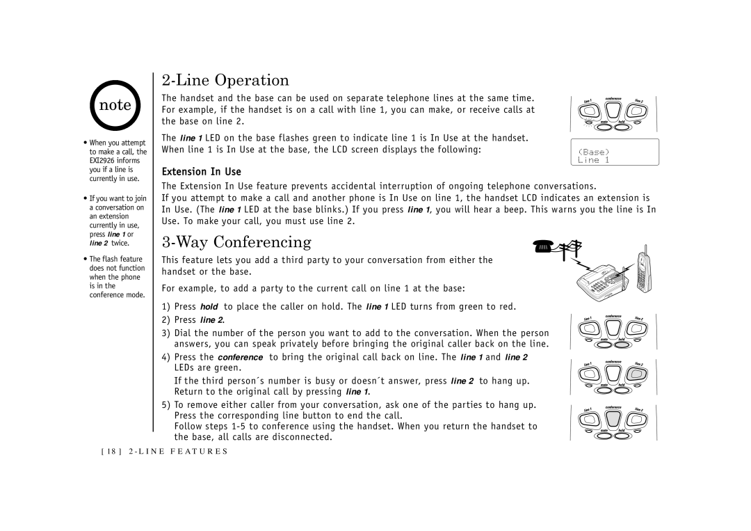 Uniden EXI2926 owner manual Line Operation, Way Conferencing, Extension In Use 