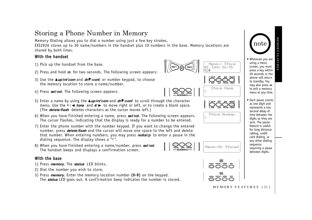 Uniden EXI2926 owner manual Storing a Phone Number in Memory, With the handset, With the base 