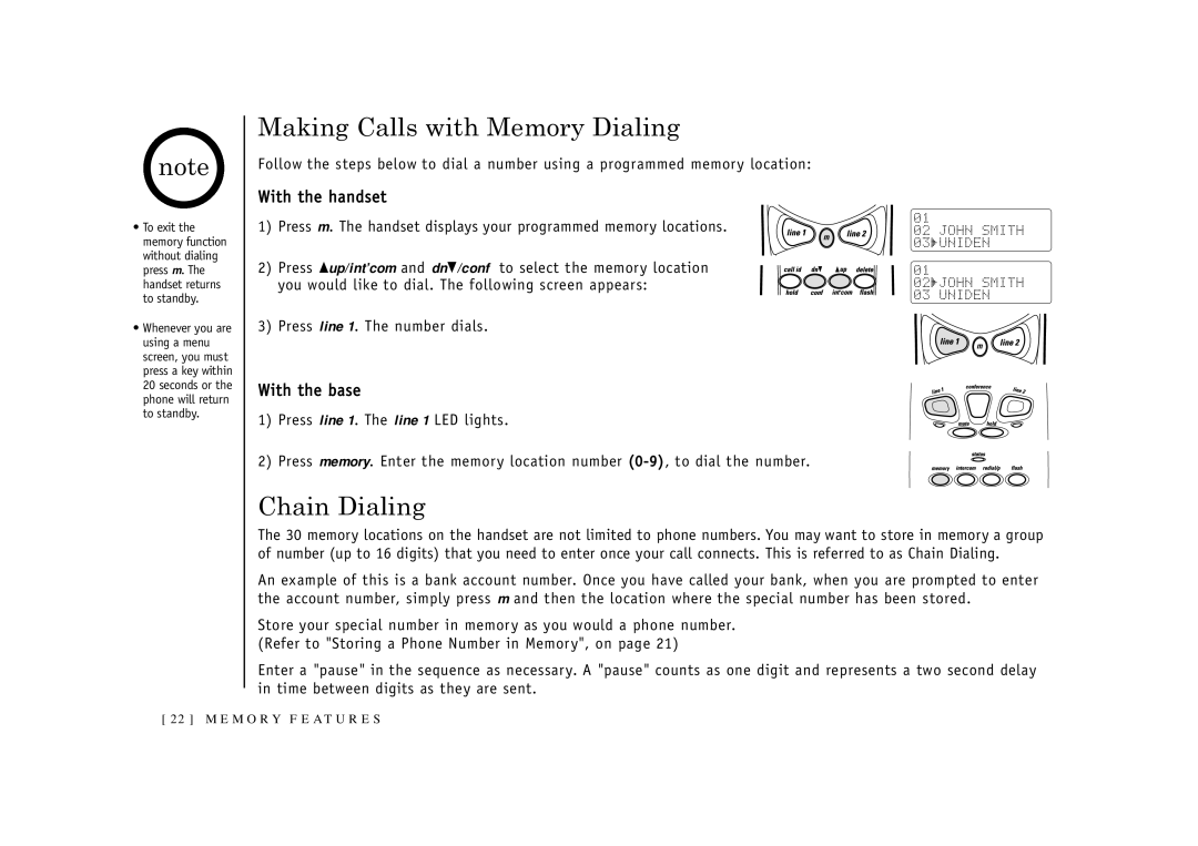 Uniden EXI2926 owner manual Making Calls with Memory Dialing, Chain Dialing 