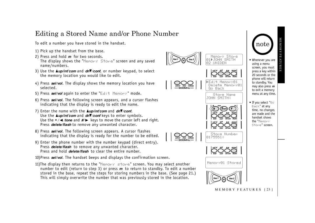 Uniden EXI2926 owner manual Editing a Stored Name and/or Phone Number, John Smith 