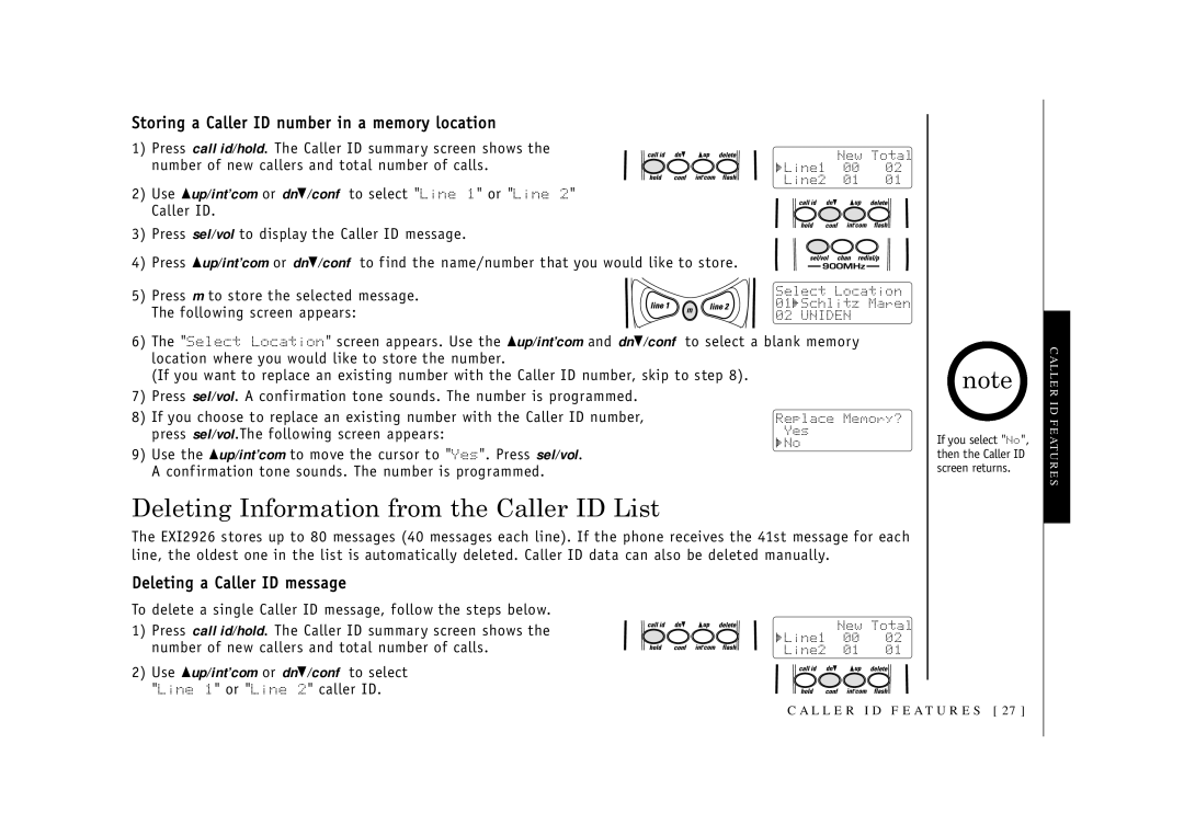 Uniden EXI2926 owner manual Deleting Information from the Caller ID List, Storing a Caller ID number in a memory location 