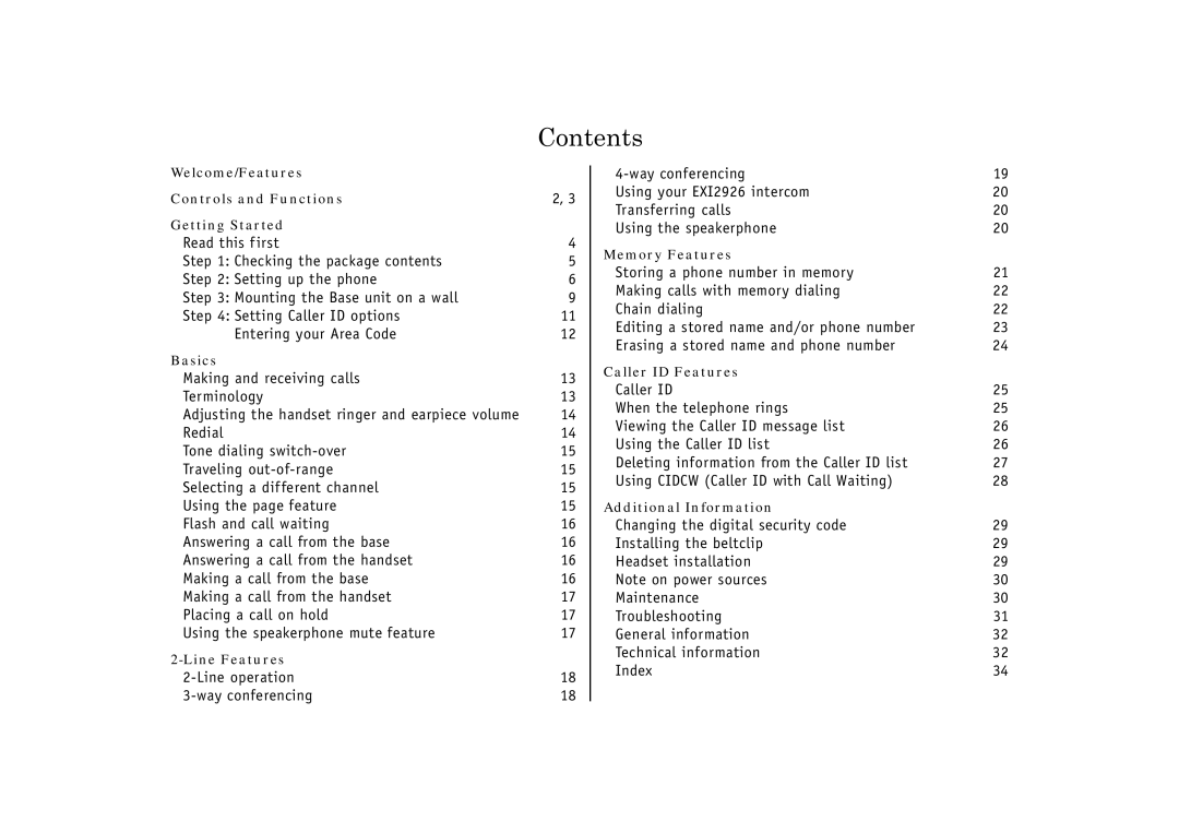 Uniden EXI2926 owner manual Contents 