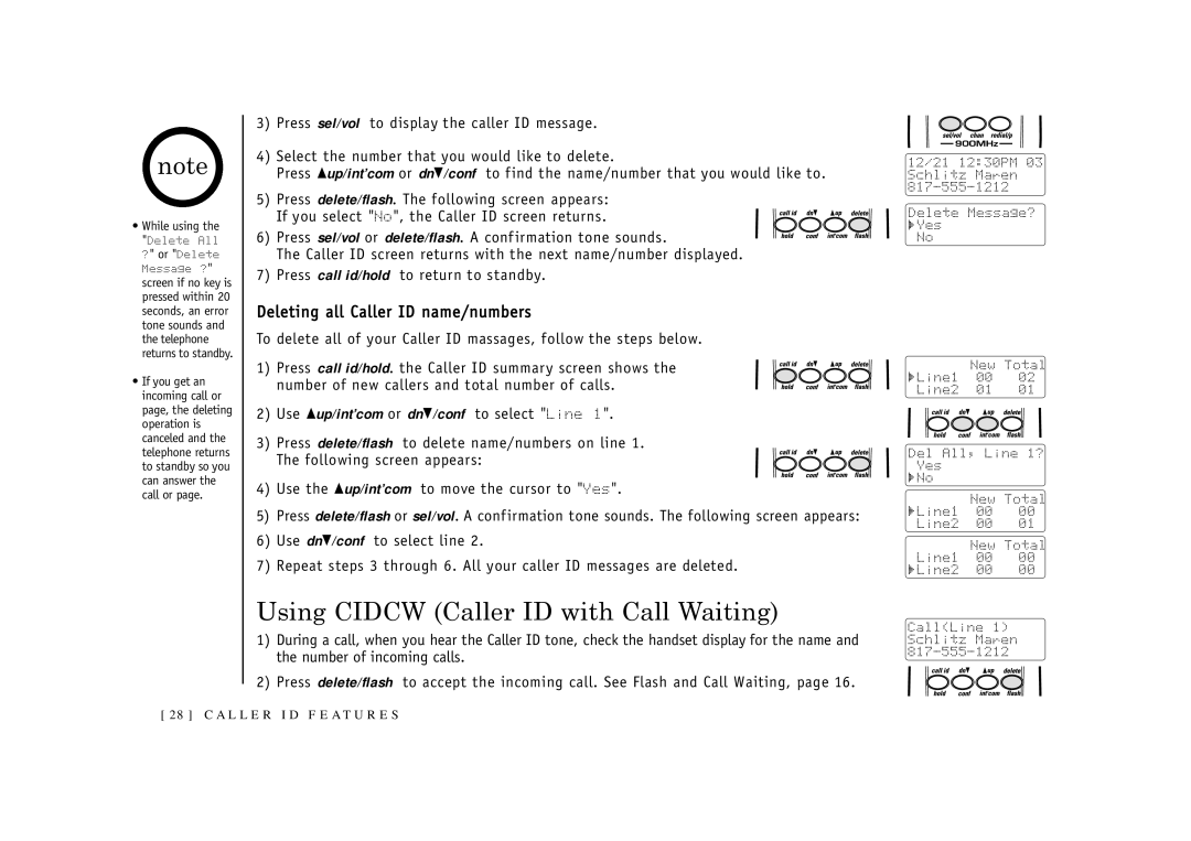 Uniden EXI2926 owner manual Using Cidcw Caller ID with Call Waiting, Deleting all Caller ID name/numbers 