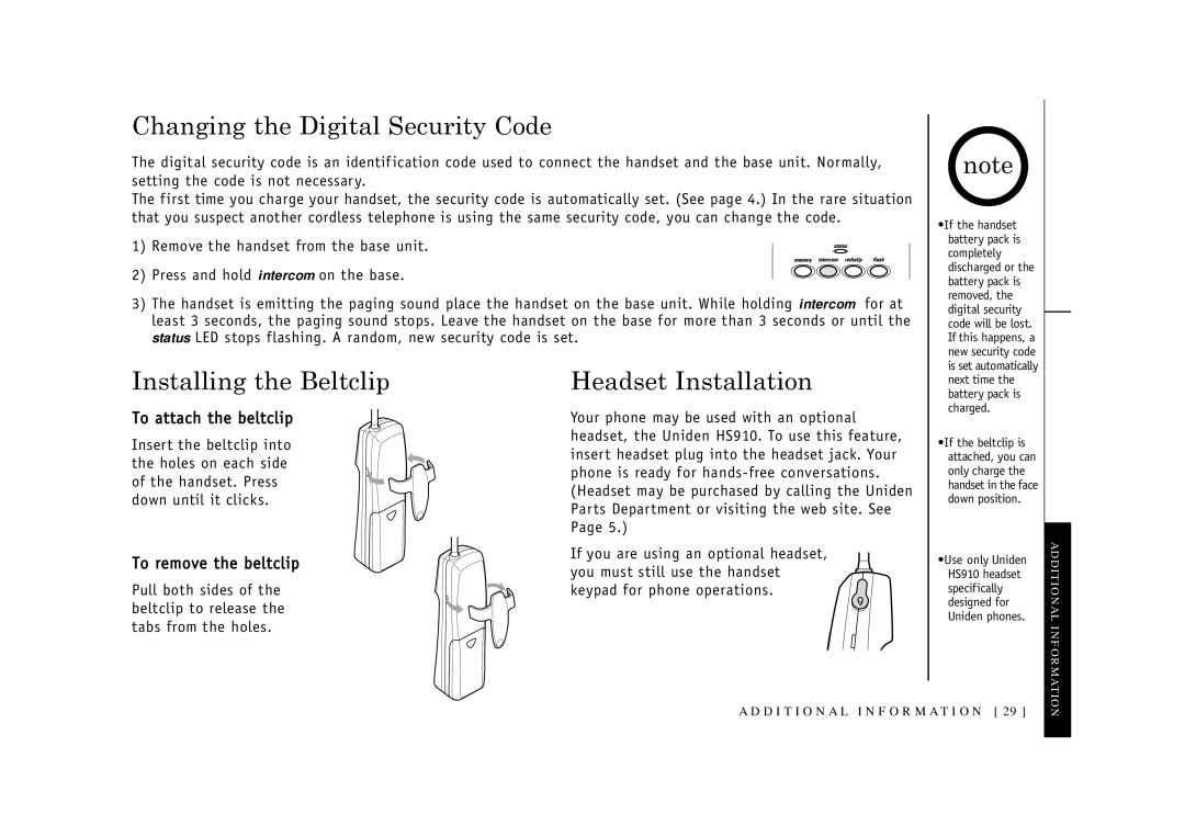 Uniden EXI2926 Changing the Digital Security Code, Installing the Beltclip, Headset Installation, To attach the beltclip 