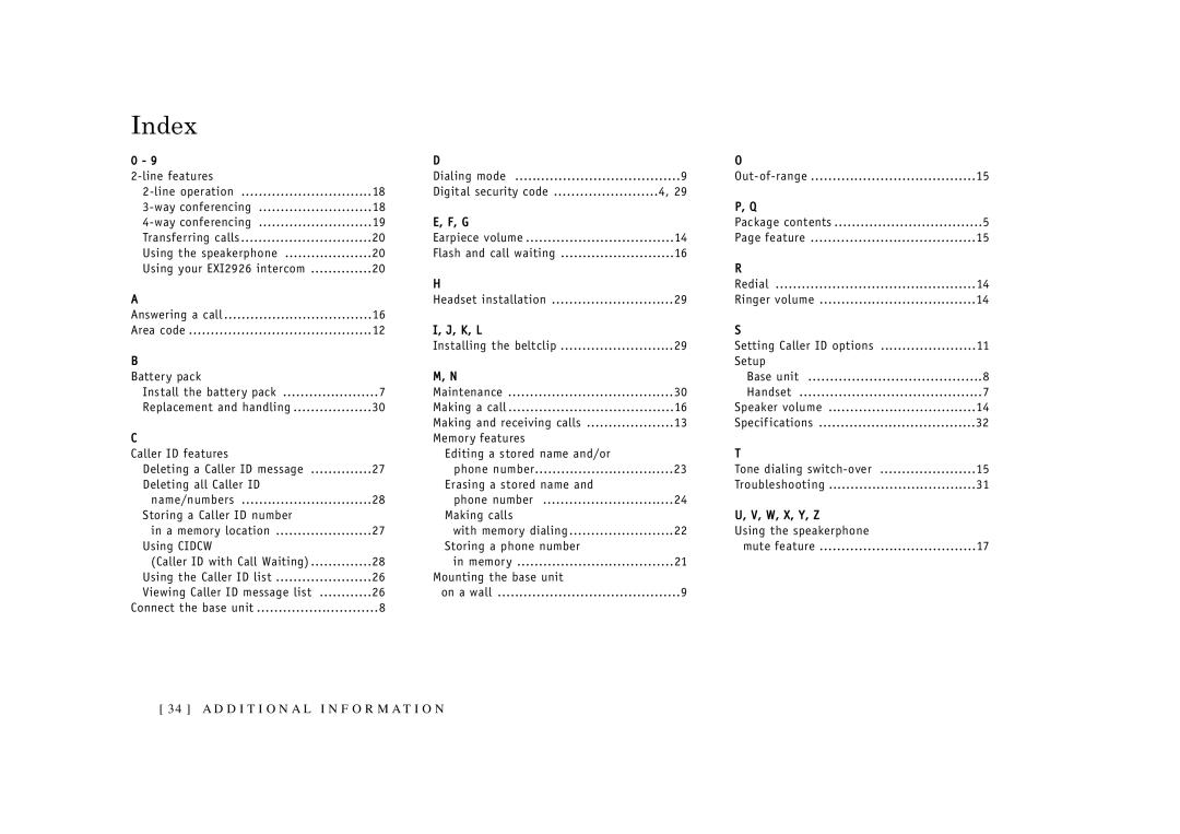 Uniden EXI2926 owner manual Index 