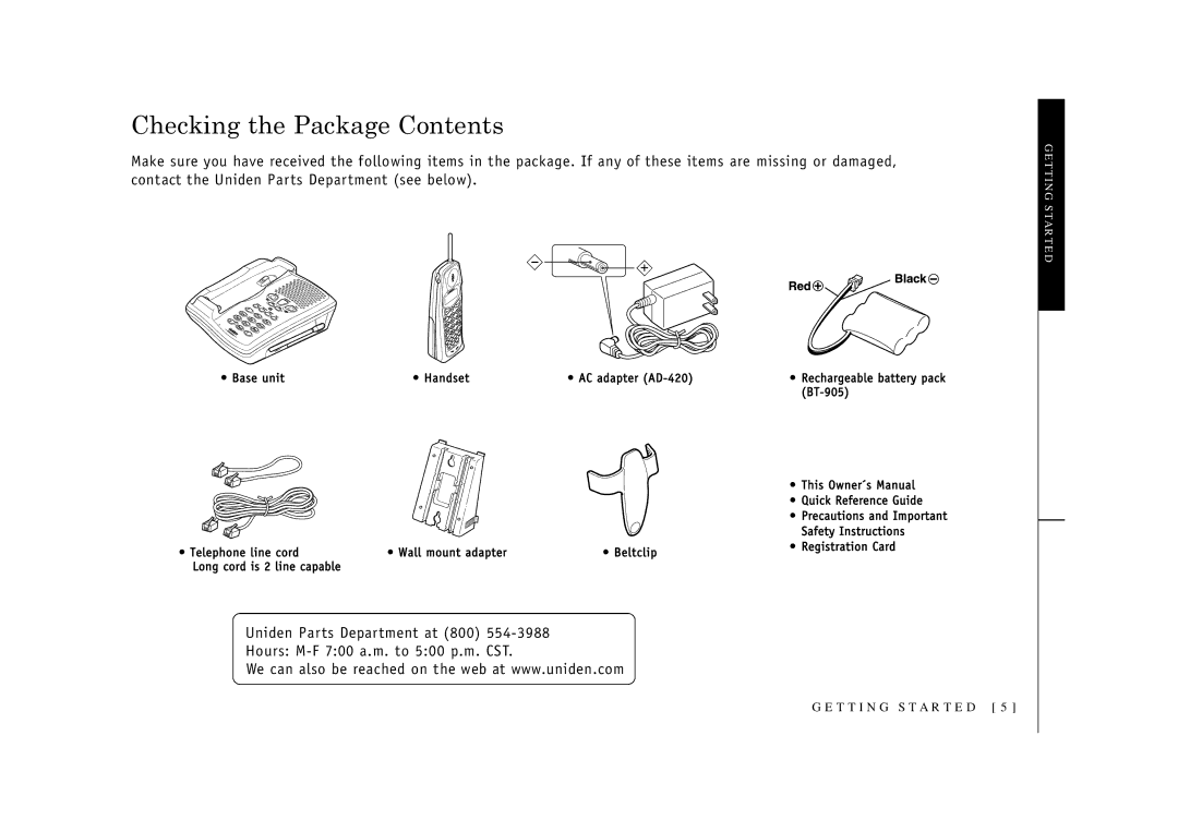 Uniden EXI2926 owner manual Checking the Package Contents 