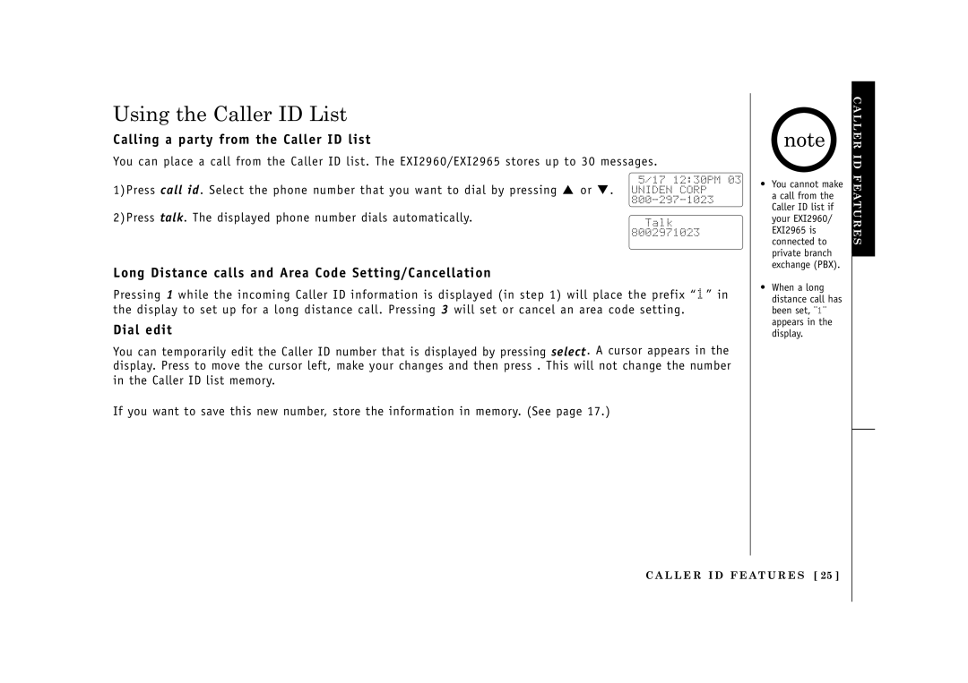 Uniden EXI2965, EXI2960 manual Using the Caller ID List, Calling a party from the Caller ID list, Dial edit 