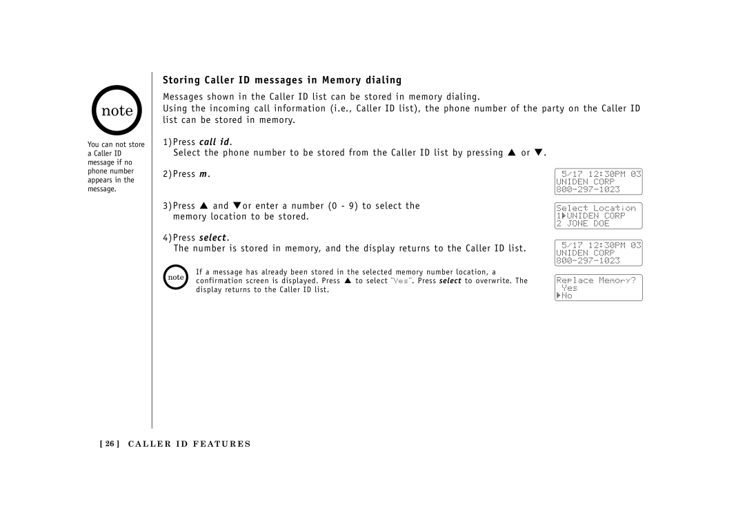 Uniden EXI2960, EXI2965 manual Storing Caller ID messages in Memory dialing 