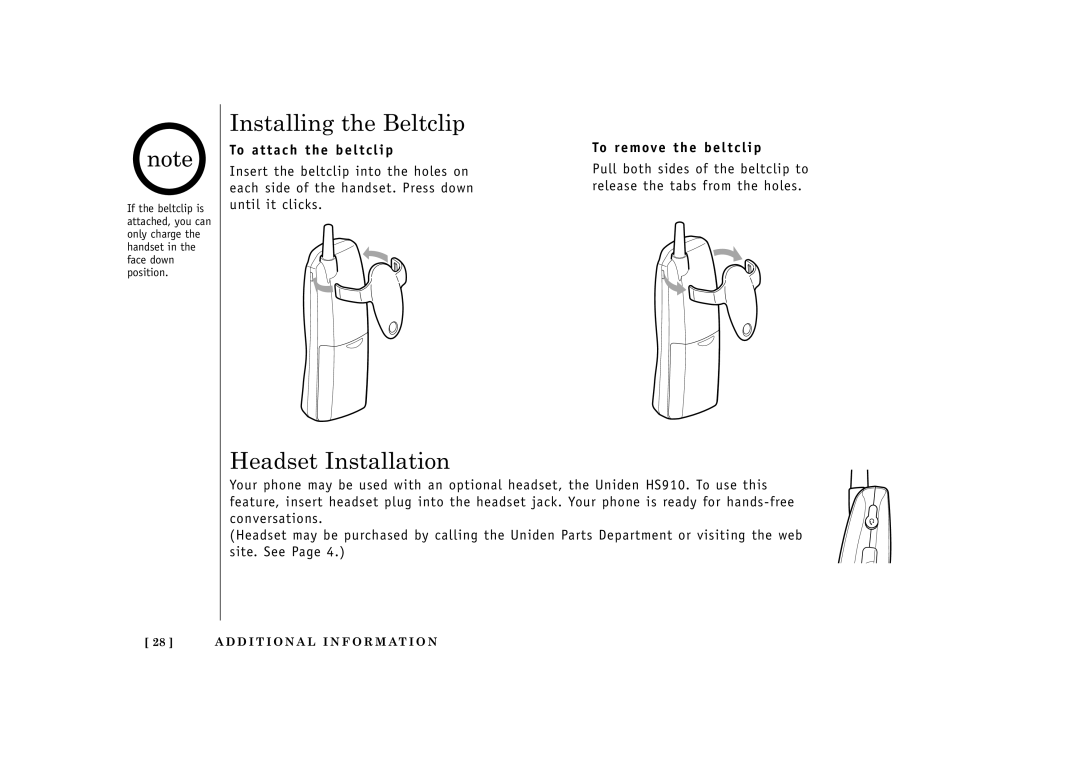 Uniden EXI2960, EXI2965 manual Installing the Beltclip, Headset Installation, To a t t a c h t h e b e l t c l i p 