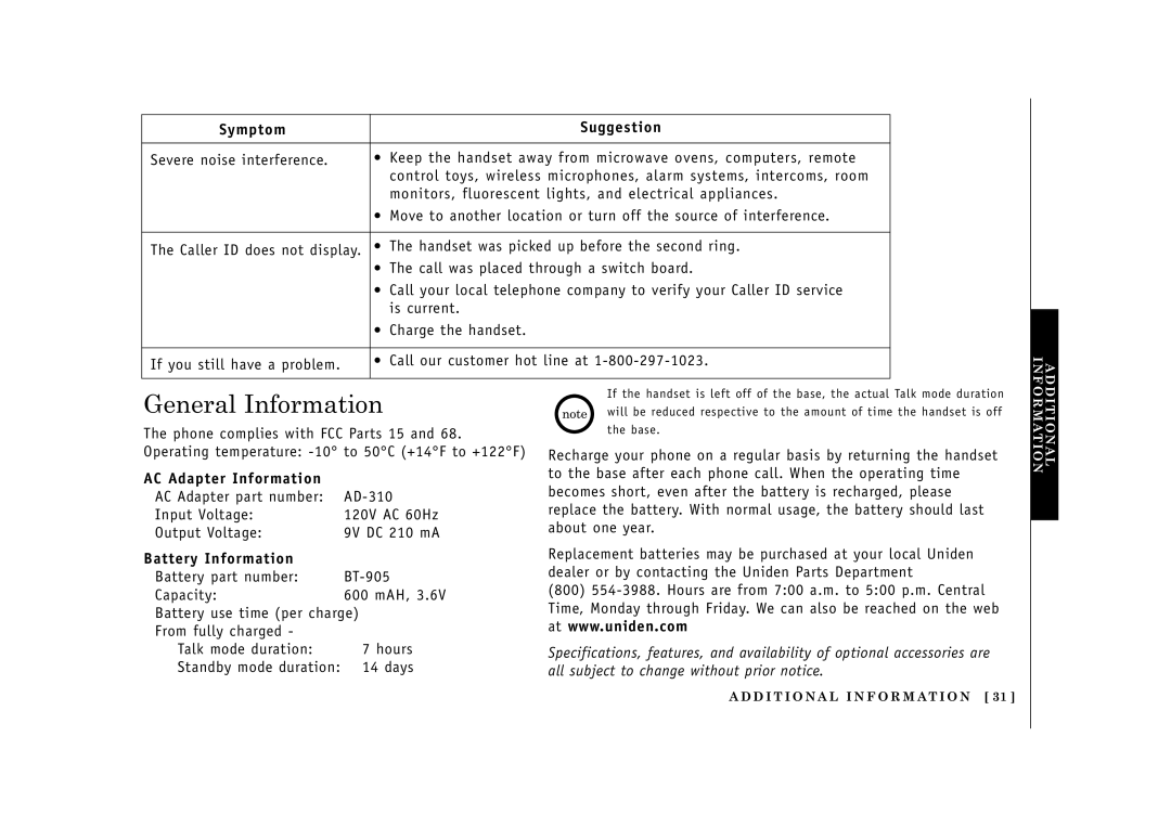 Uniden EXI2965, EXI2960 manual General Information, AC Adapter Information, Battery Information 