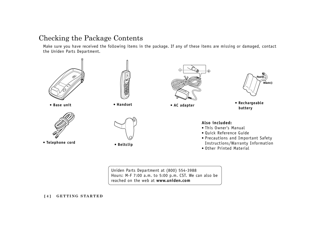 Uniden EXI2960, EXI2965 manual Checking the Package Contents 