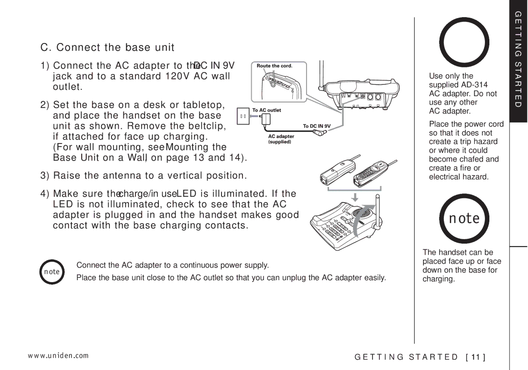 Uniden EXI3226 manual Connect the base unit 