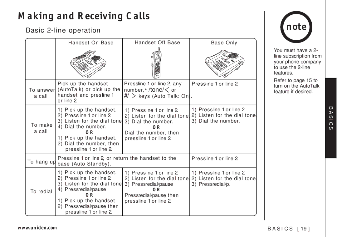 Uniden EXI3226 manual Making and Receiving Calls, Basic 2-line operation 