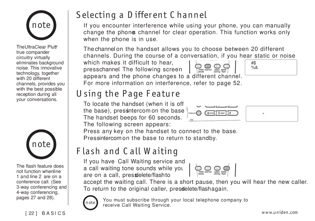 Uniden EXI3226 manual Selecting a Different Channel, Using the Page Feature, Flash and Call Waiting 