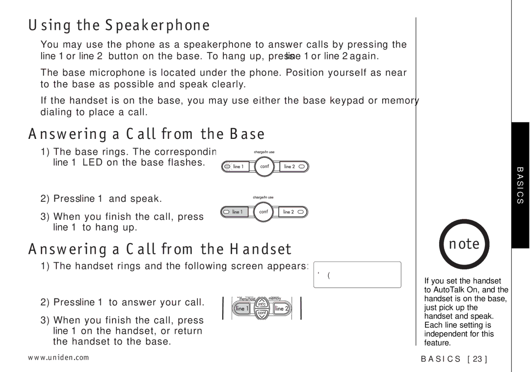 Uniden EXI3226 manual Using the Speakerphone, Answering a Call from the Base, Answering a Call from the Handset 