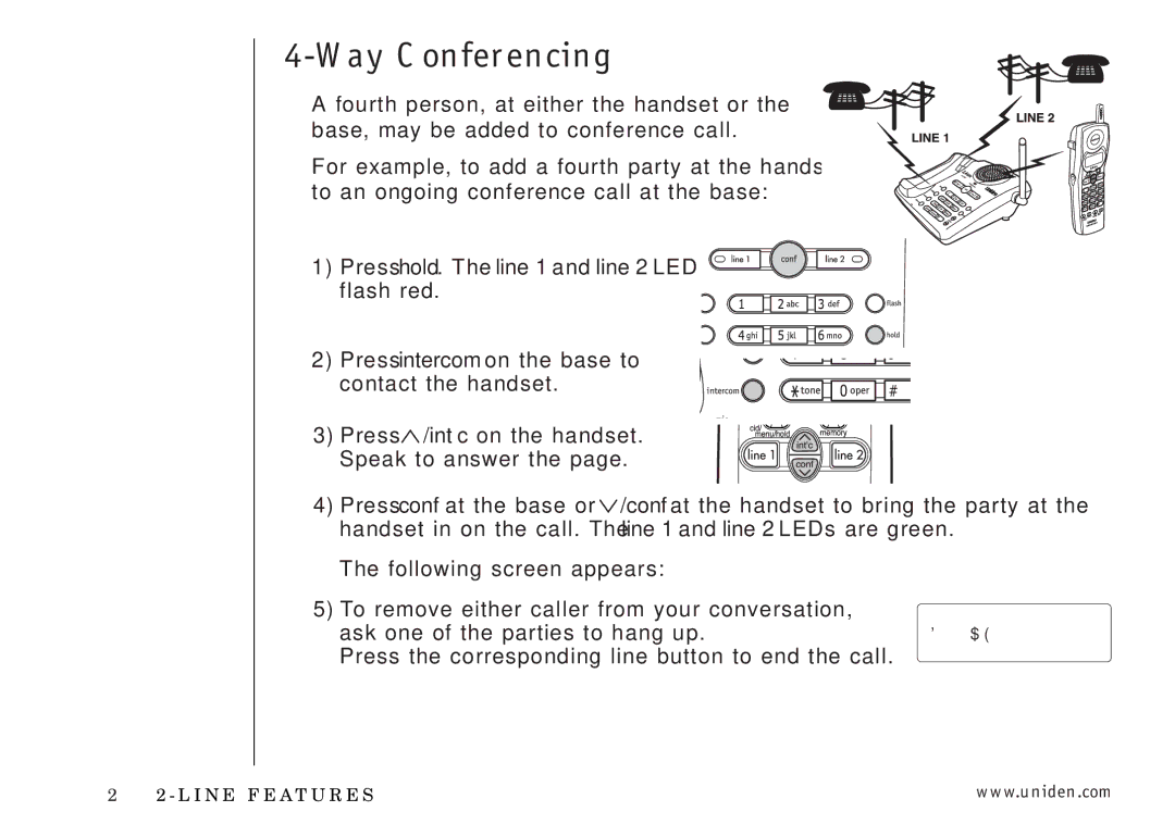 Uniden EXI3226 manual Press hold. The line 1 and line 2 LEDs flash red, Press intercom on the base to contact the handset 