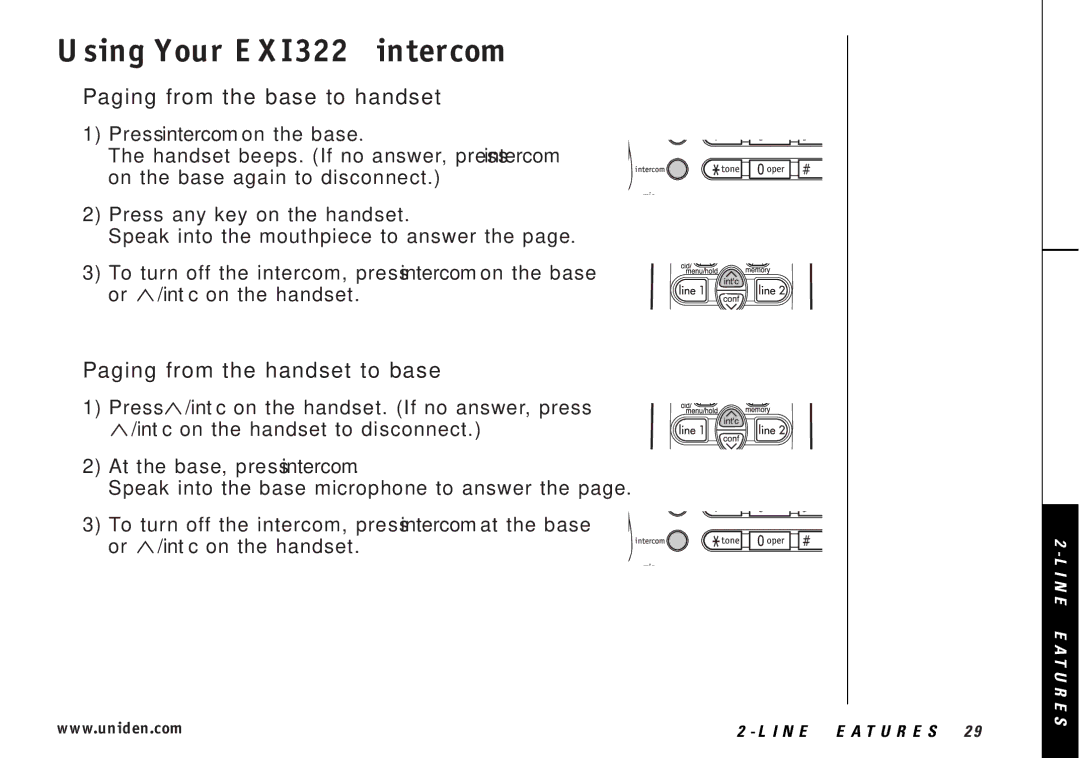 Uniden manual Using Your EXI3226 intercom, Paging from the base to handset, Paging from the handset to base 