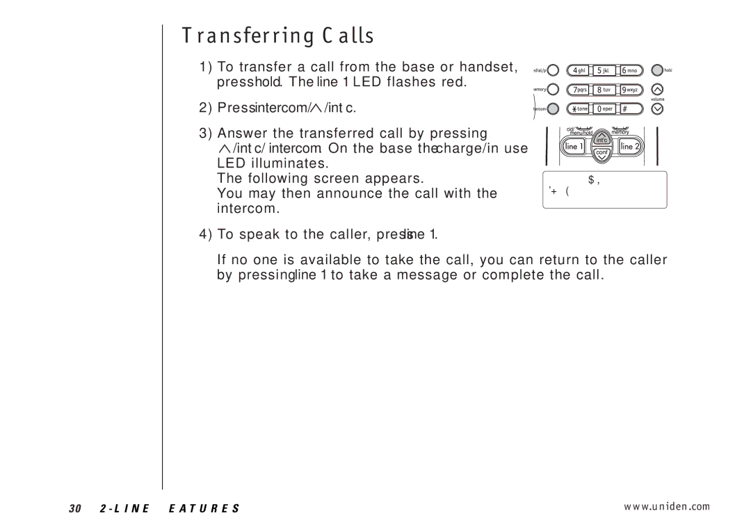 Uniden EXI3226 manual Transferring Calls, Press intercom/ /int’c 