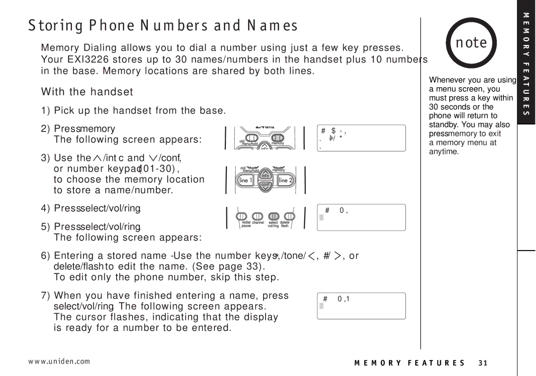 Uniden EXI3226 manual Storing Phone Numbers and Names, With the handset 