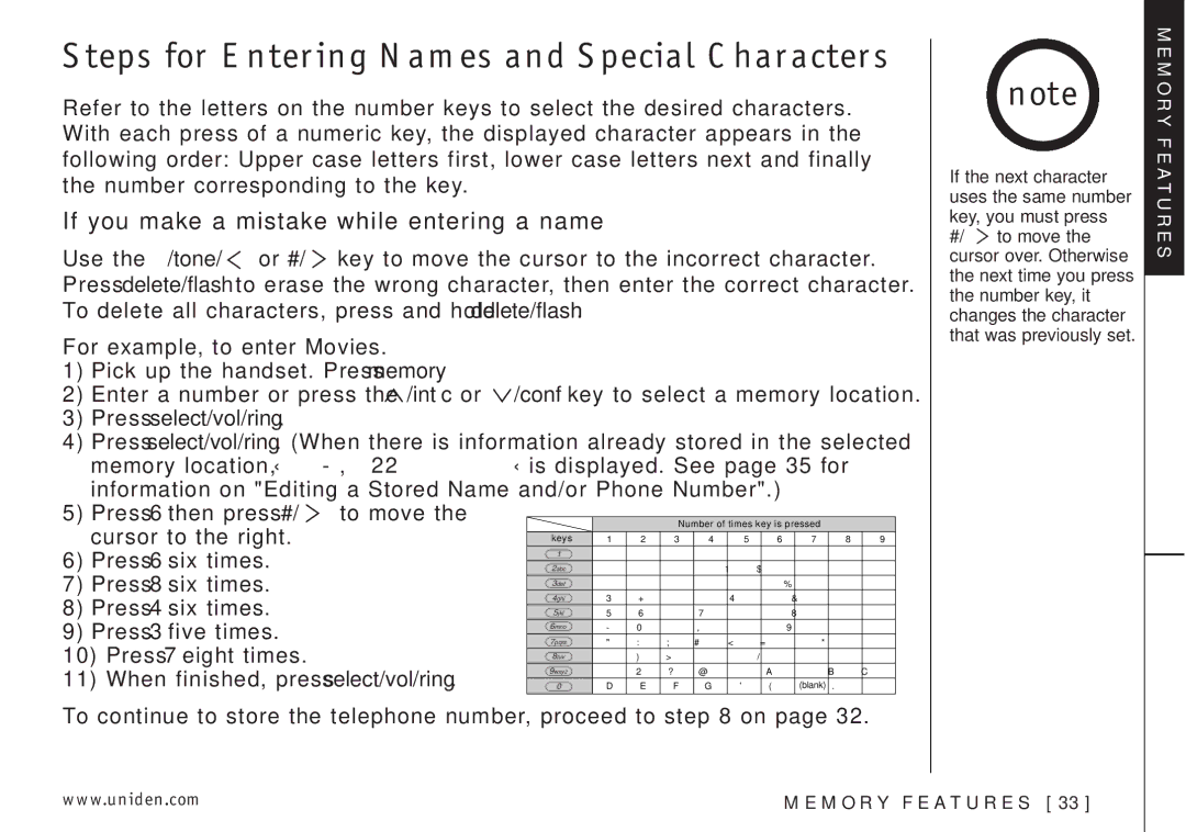 Uniden EXI3226 manual Steps for Entering Names and Special Characters, If you make a mistake while entering a name 