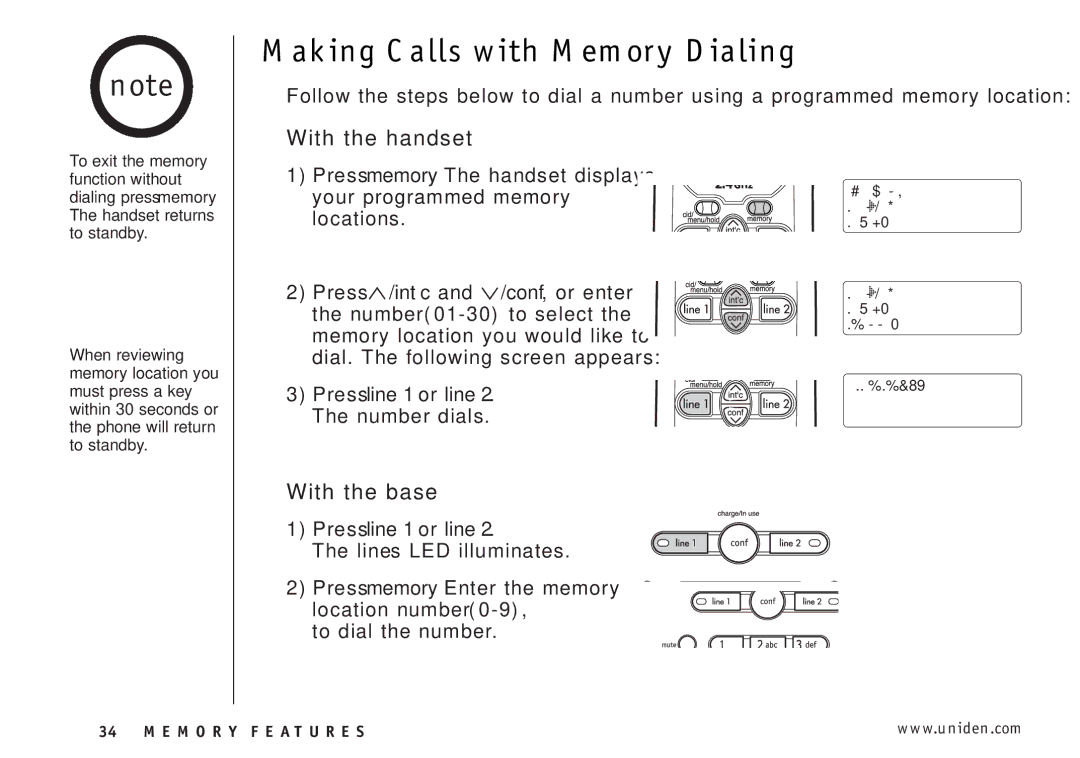 Uniden EXI3226 manual Making Calls with Memory Dialing, Press line 1 or line 2. The number dials 