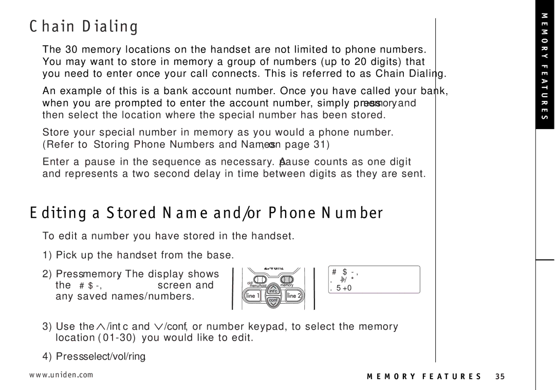 Uniden EXI3226 manual Chain Dialing, Editing a Stored Name and/or Phone Number 