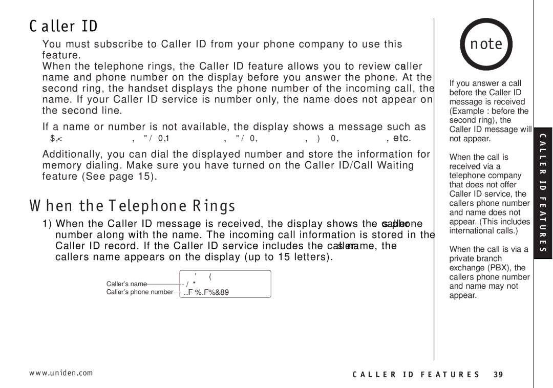 Uniden EXI3226 manual Caller ID, When the Telephone Rings 