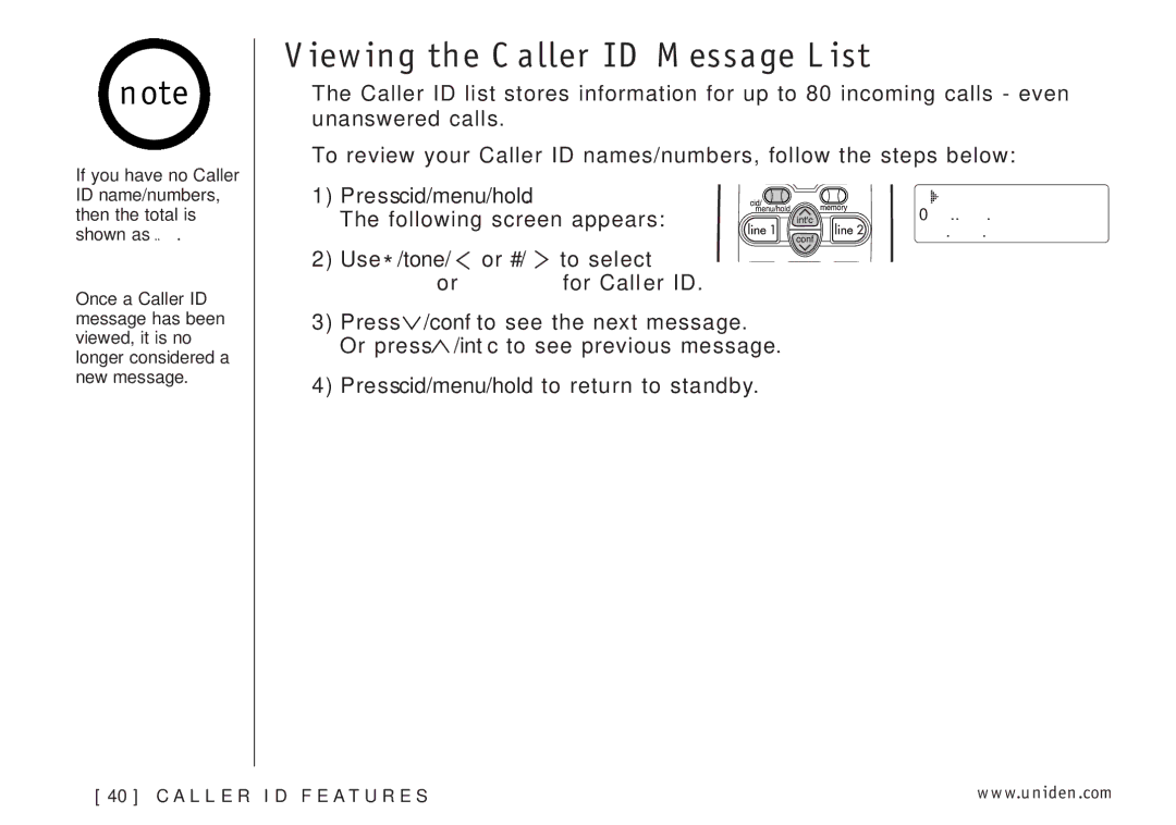 Uniden EXI3226 manual Viewing the Caller ID Message List, Press cid/menu/hold 