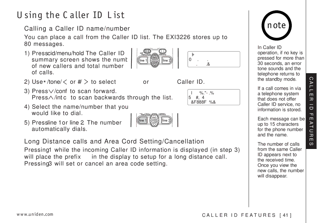 Uniden EXI3226 manual Long Distance calls and Area Cord Setting/Cancellation, Conf, Int’c 