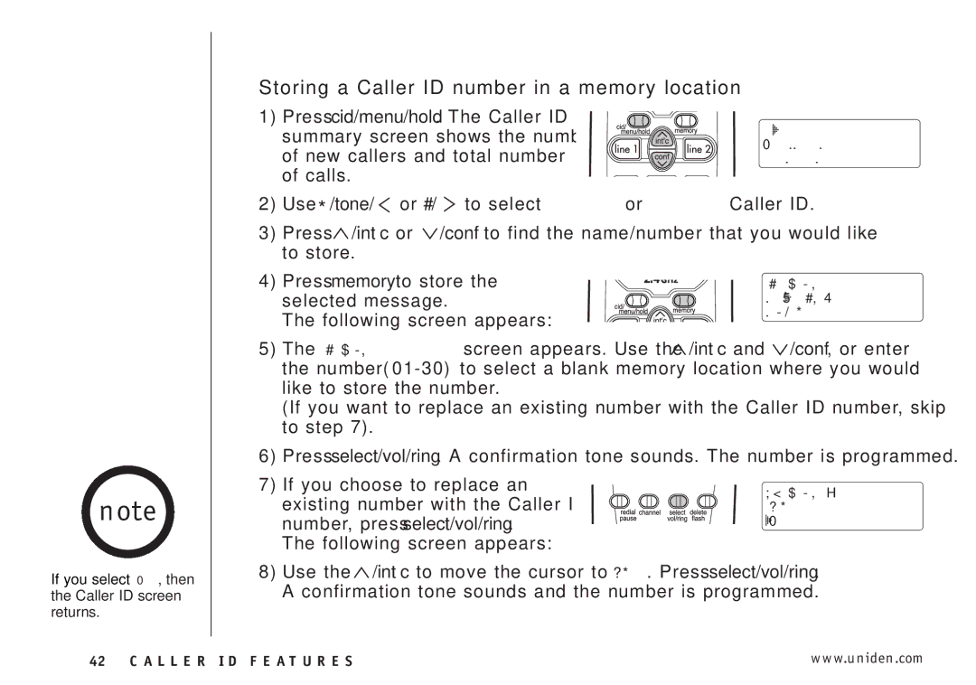 Uniden EXI3226 manual Storing a Caller ID number in a memory location 