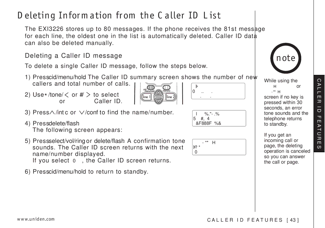 Uniden EXI3226 manual Deleting Information from the Caller ID List, Deleting a Caller ID message, Press delete/flash 