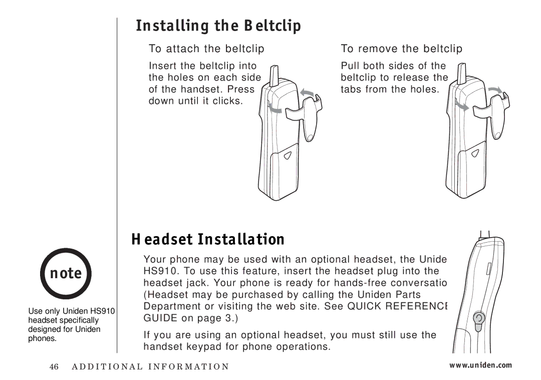 Uniden EXI3226 manual Installing the Beltclip, Headset Installation, To attach the beltclip, To remove the beltclip 