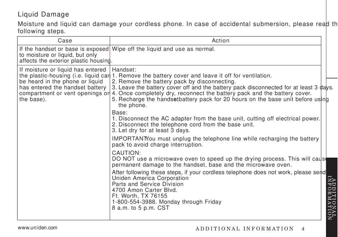 Uniden EXI3226 manual Liquid Damage, Case Action 