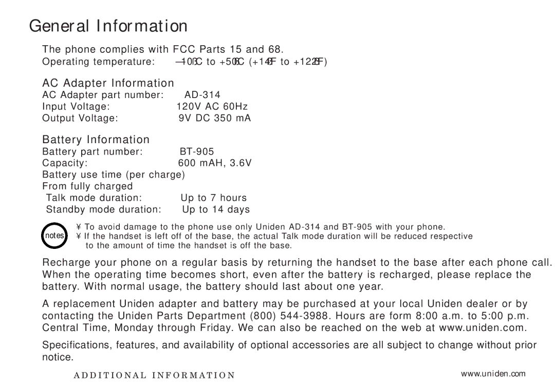 Uniden EXI3226 manual General Information, AC Adapter Information, Battery Information 