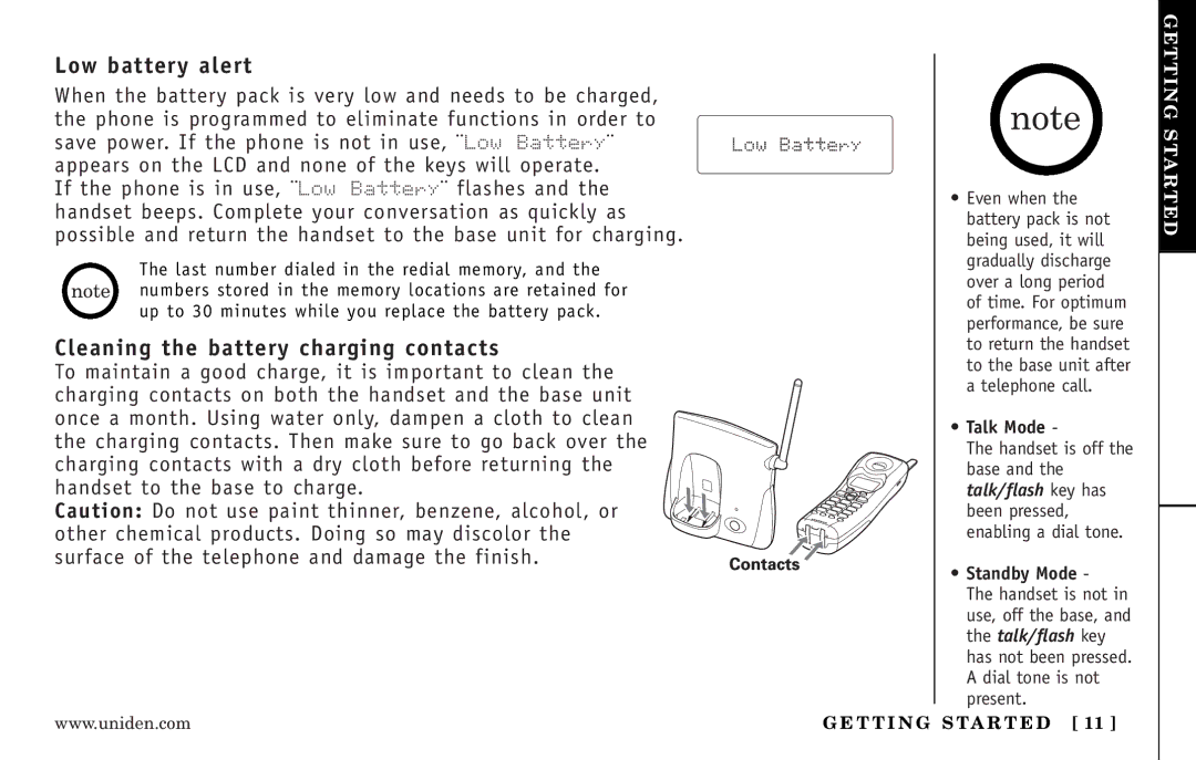 Uniden EXI3246 Series manual Low battery alert, Cleaning the battery charging contacts 