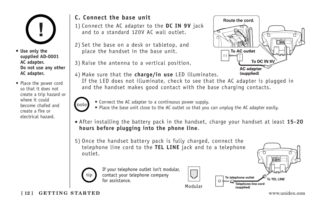 Uniden EXI3246 Series manual Connect the base unit, Do not use any other AC adapter 