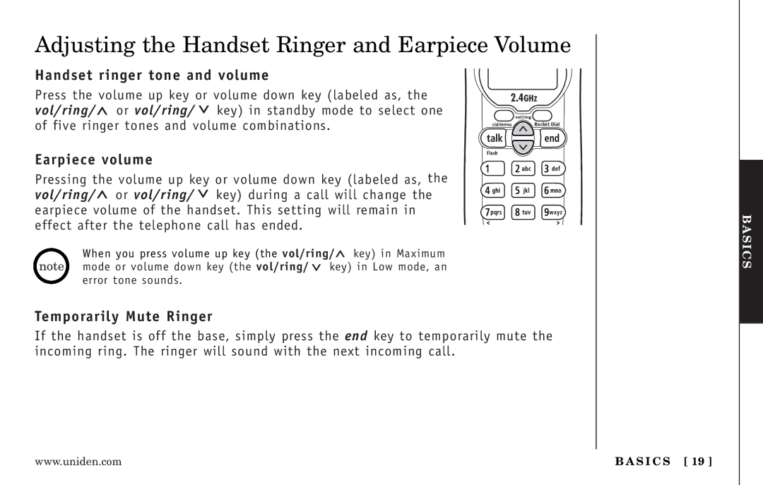 Uniden EXI3246 Series Adjusting the Handset Ringer and Earpiece Volume, Handset ringer tone and volume, Earpiece volume 