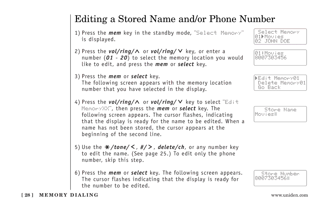 Uniden EXI3246 Series manual Editing a Stored Name and/or Phone Number 