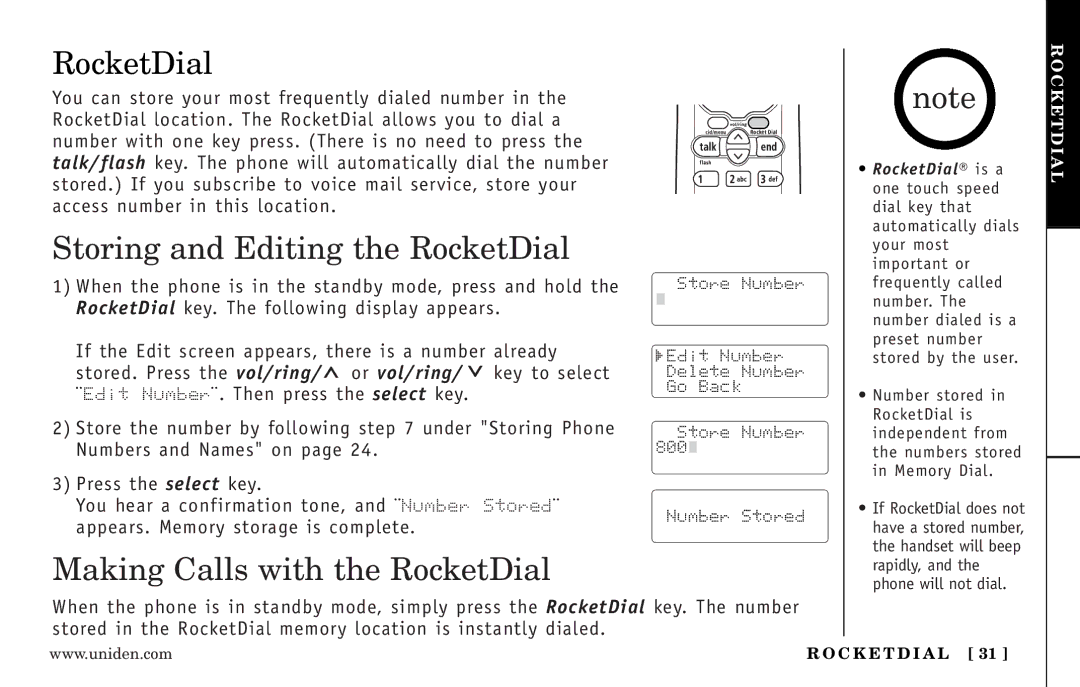 Uniden EXI3246 Series manual Storing and Editing the RocketDial, Making Calls with the RocketDial 