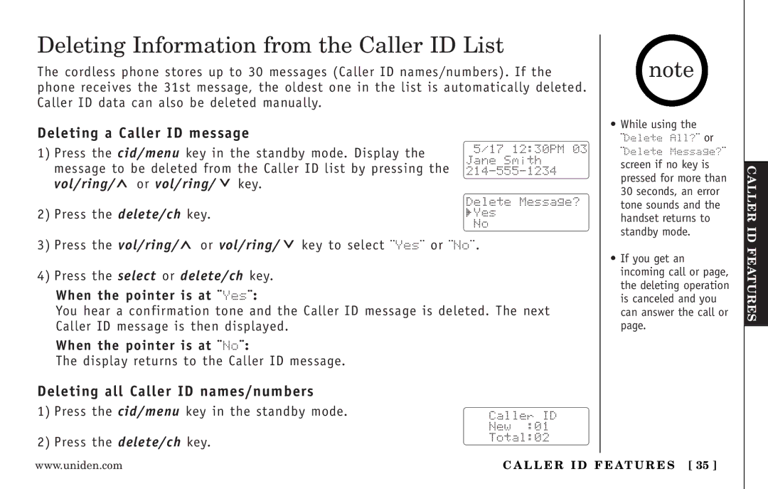 Uniden EXI3246 Series manual Deleting Information from the Caller ID List, Deleting a Caller ID message 