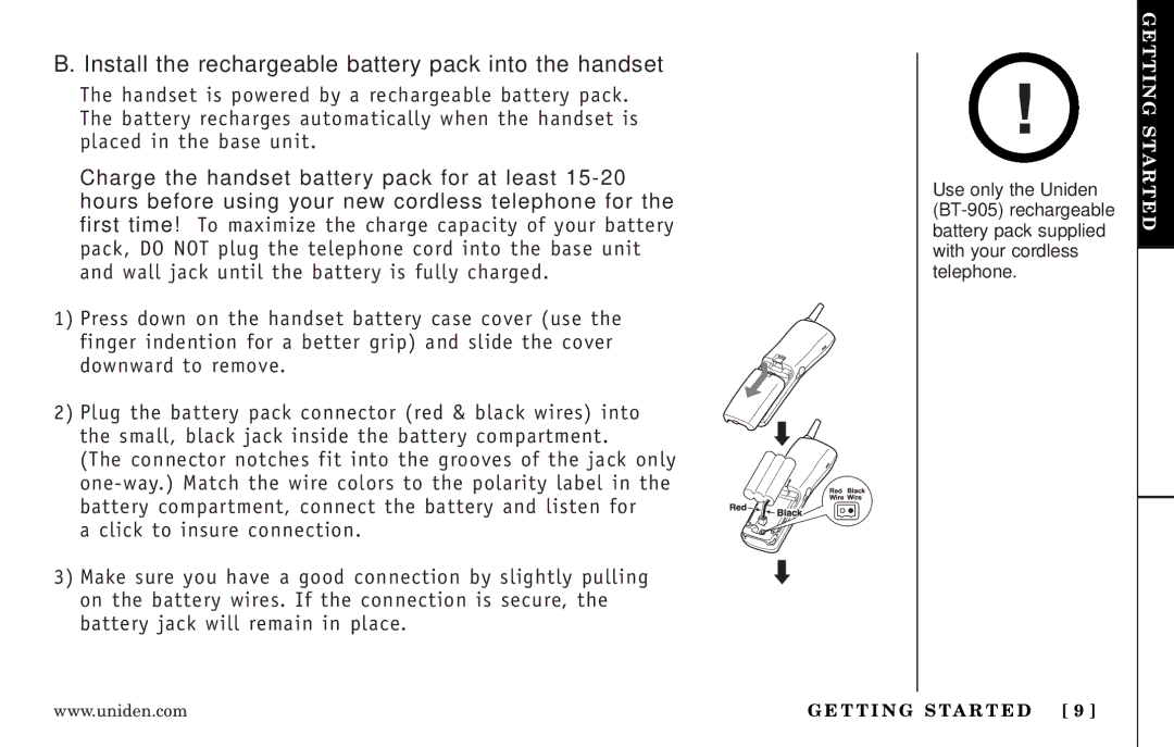 Uniden EXI3246 Series manual Install the rechargeable battery pack into the handset 