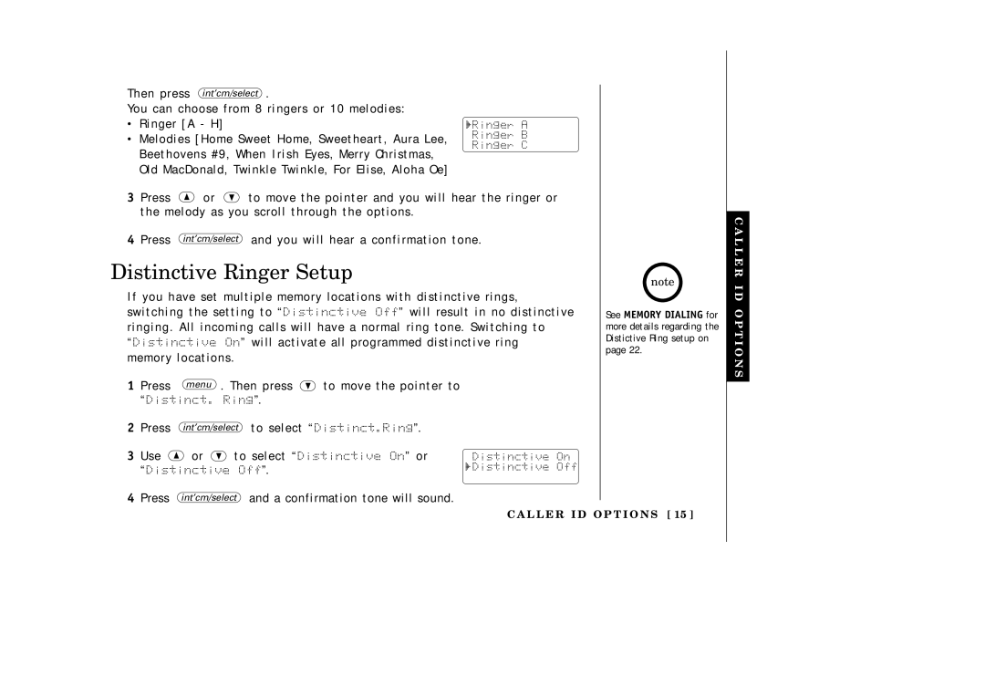 Uniden EXI3965 manual Distinctive Ringer Setup, Then press ª to move the pointer to, Use To select Distinctive On or 