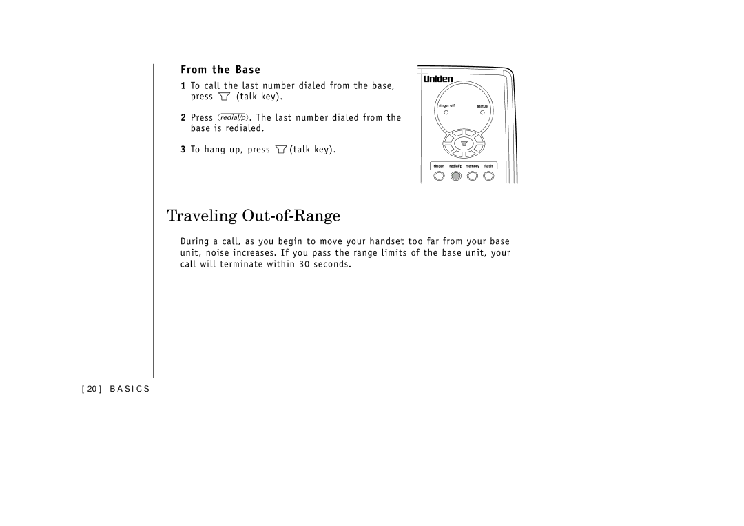 Uniden EXI3965 manual Traveling Out-of-Range, From the Base, To call the last number dialed from the base Press talk key 