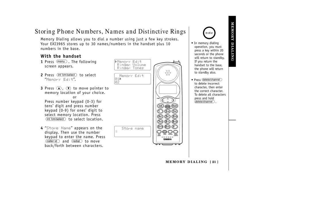 Uniden EXI3965 manual With the handset, Press , ª to move pointer to memory location of your choice, To select location 