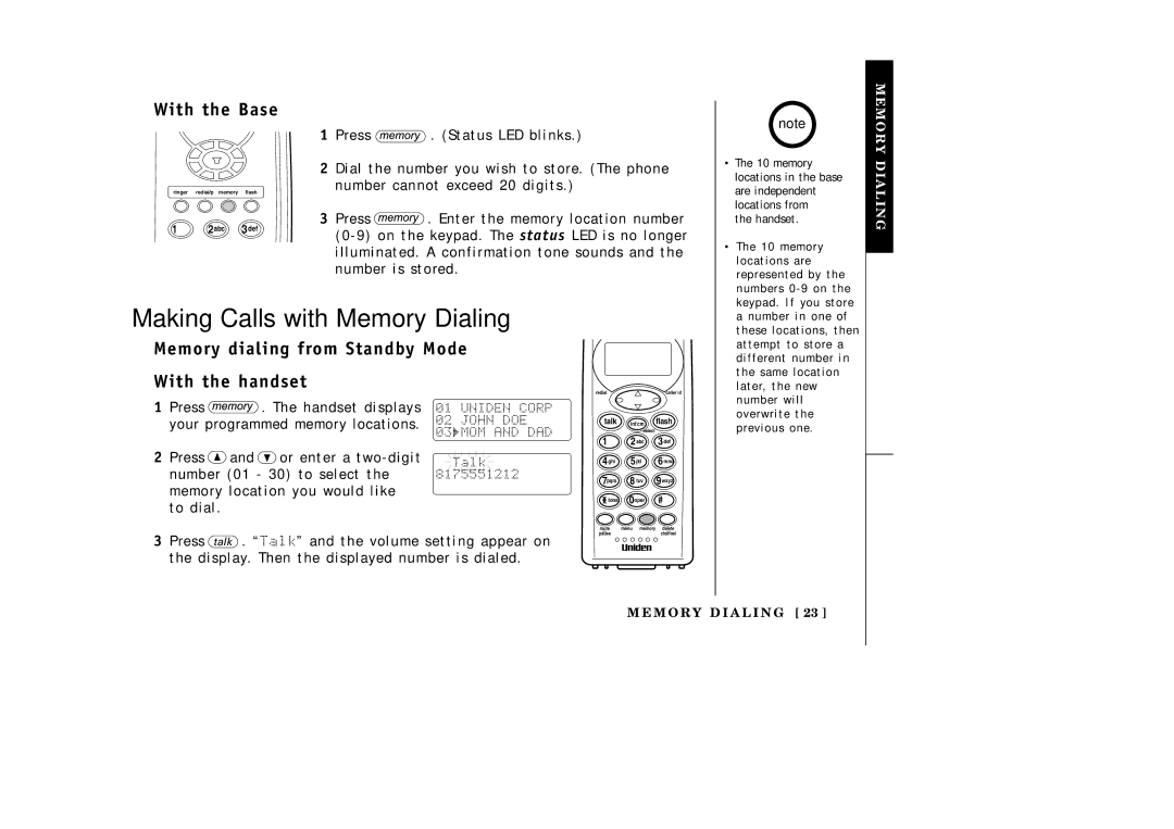 Uniden EXI3965 manual Making Calls with Memory Dialing, With the Base, Memory dialing from Standby Mode 