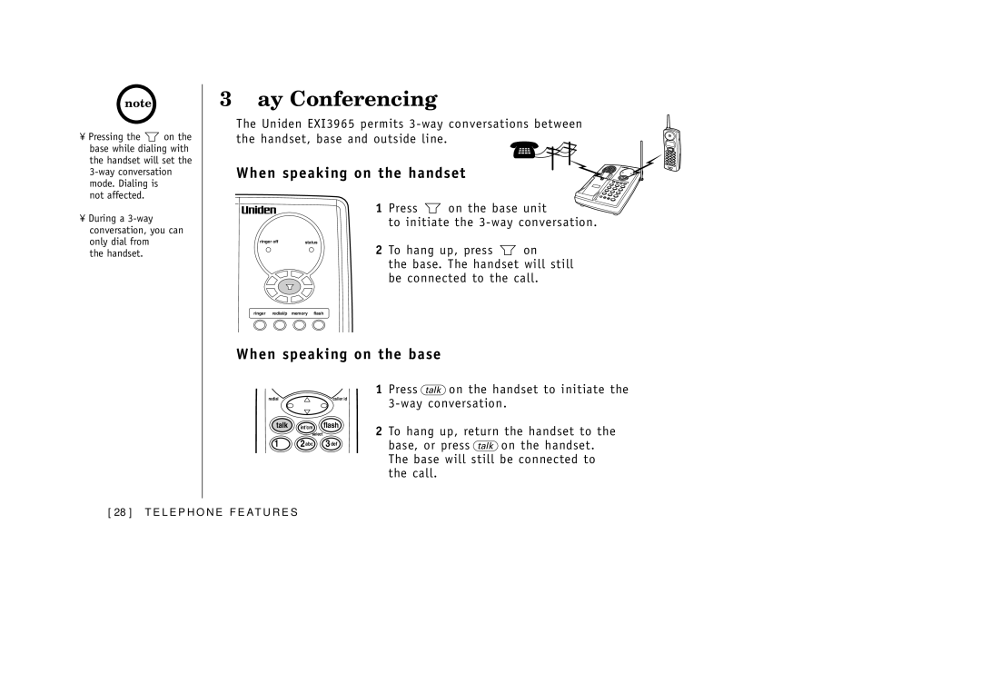 Uniden EXI3965 manual Way Conferencing, When speaking on the handset, When speaking on the base 