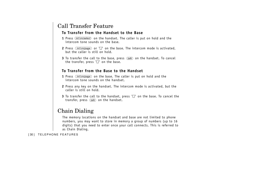 Uniden EXI3965 manual Call Transfer Feature, Chain Dialing, To Transfer from the Handset to the Base 